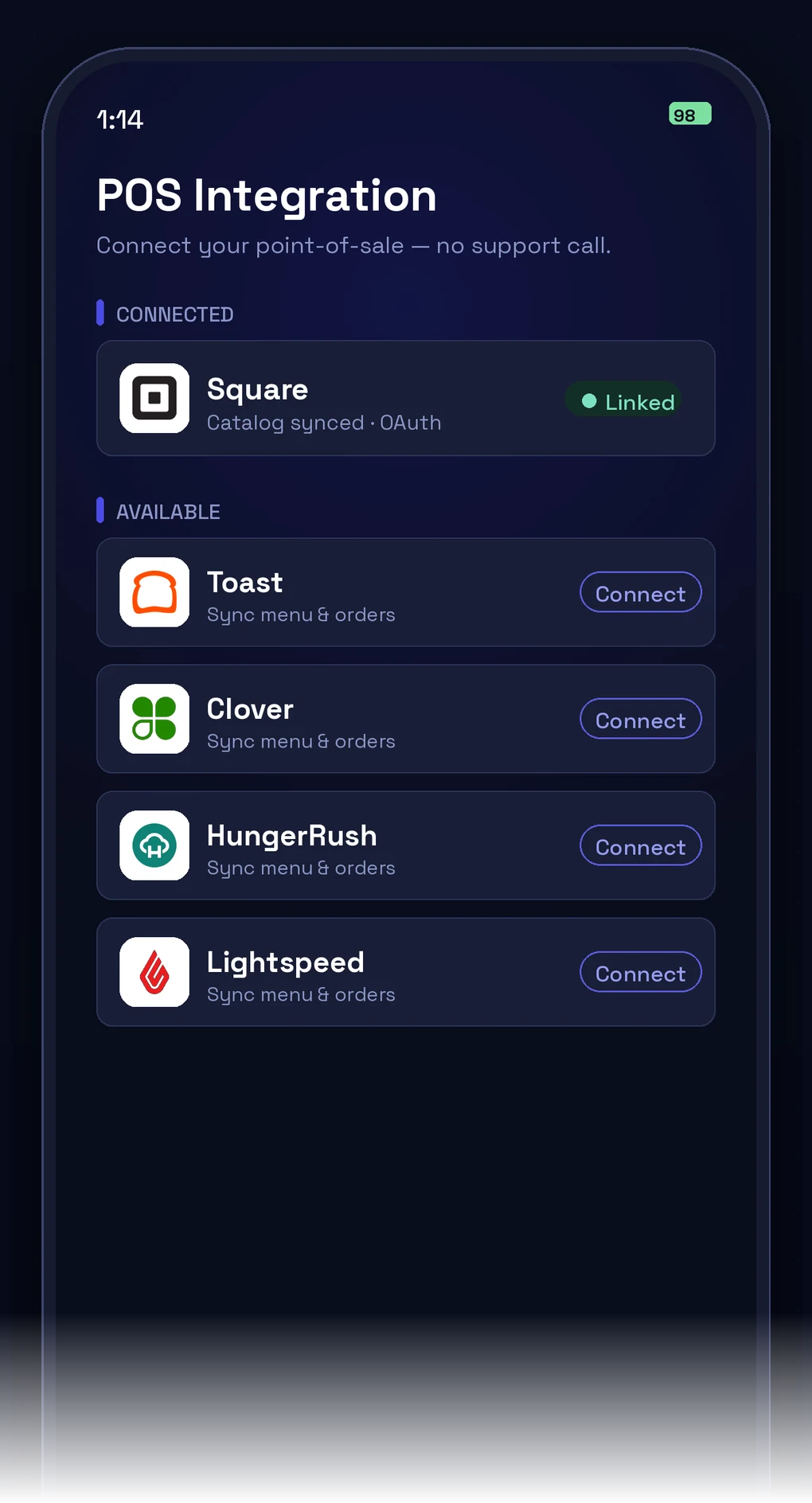 INFI showing Square connected, with the catalog synced